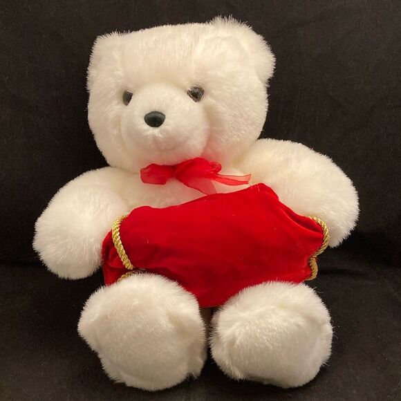 Vintage Gund Bear White Red Bow Velvet 40735 Teddy Bear‎ Holiday - Picture 1 of 9